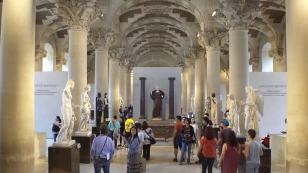 Molte persone apprezzano dipinti e statue nel Museo del Louvre a Parigi, Francia . — Video Stock
