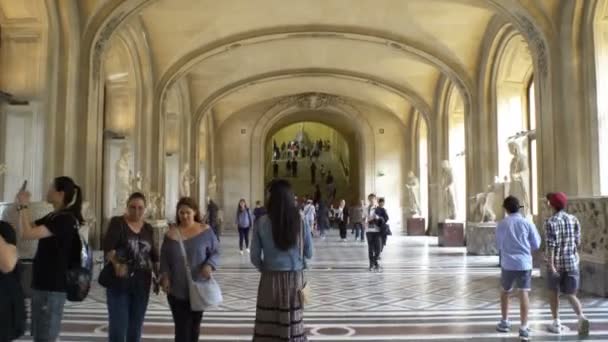 Mucha gente aprecia las pinturas y estatuas en el Museo del Louvre en París, Francia . — Vídeo de stock