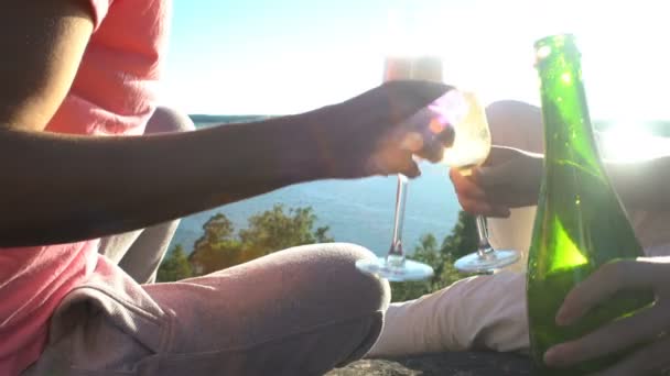 Glückliches weibliches Paar trinkt Champagner auf einem hohen Felsen in der Sonne — Stockvideo