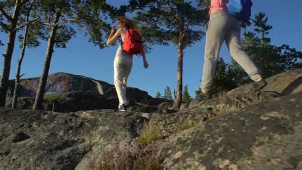 Twee actieve jonge vrouwen helpen elkaar te klimmen van een hoge rots — Stockvideo