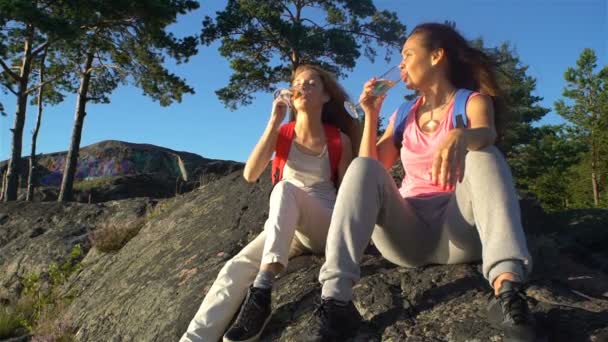 Boldog női pár pezsgőt isznak egy magas sziklára a napsütésben — Stock videók