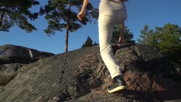 Dos jóvenes activas se ayudan mutuamente a escalar una roca alta — Vídeos de Stock