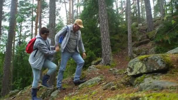 Ηλικιωμένο ζευγάρι ενεργό, αναρρίχηση σε βράχο στο βόρειο δάσος. — Αρχείο Βίντεο