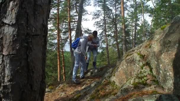 北の森で岩に登って高齢者のアクティブなカップル. — ストック動画