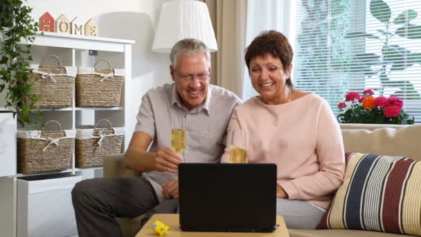 Couple âgé connecté avec des amis en utilisant la caméra d'appel vidéo portable et boire du champagne — Video