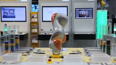 Kompakt bir endüstriyel esnek robotik kol nesneleri renklerine göre dağıtır..