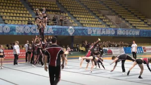 Group acrobatic performance of the cheerleading team with crazy jumps. — Stock Video