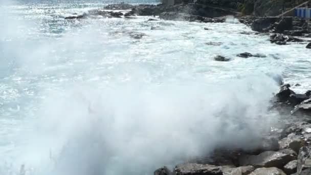 Grandes olas rompen en los acantilados costeros — Vídeos de Stock