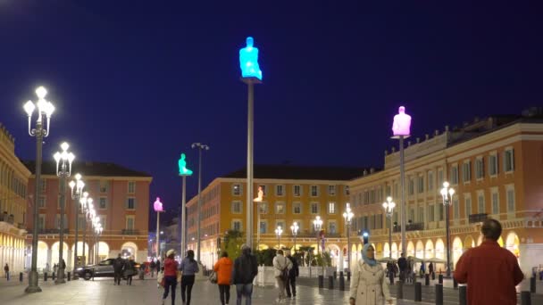 Het plein Massena Plaza bij nacht in Nice Frankrijk — Stockvideo