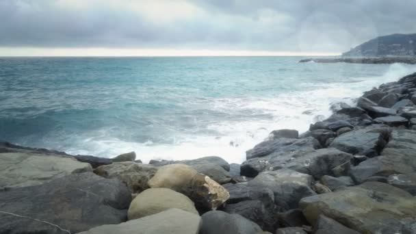 Kız sahilde deniz fırtınası sırasında duruyor. — Stok video