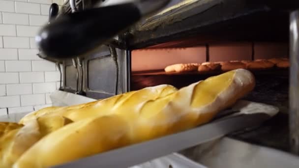 Traditionele Italiaanse familie bakkerij. Een vrouwelijke Bakker neemt heet brood uit de oven. — Stockvideo