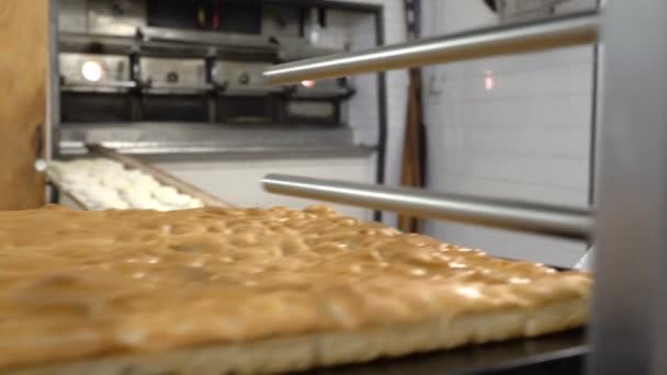 Traditional Italian bakery. A female baker takes hot bread out of the oven. — Stock Video