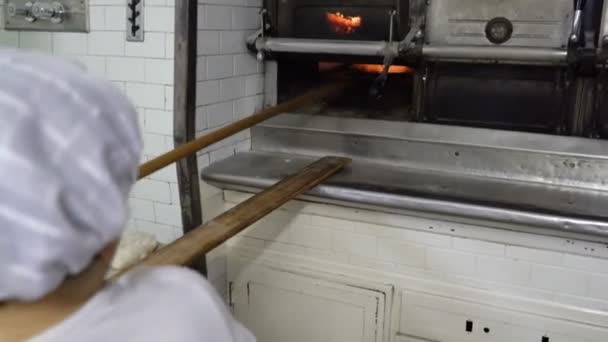 Traditional Italian bakery. A female baker takes hot bread out of the oven. — Stock Video