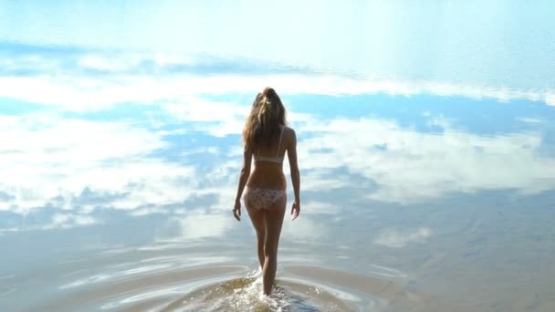 Slim giovane donna a piedi in un lago foresta . — Video Stock