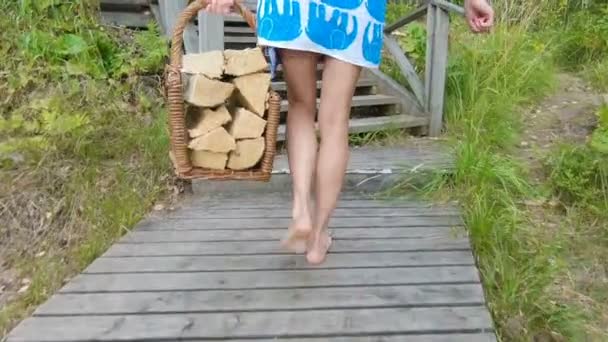 O tânără poartă lemn de foc pentru o saună tradițională finlandeză — Videoclip de stoc
