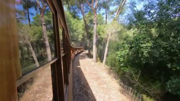 Старий вінтажний поїзд прямує від Пальма - де - Майорка до селища Соллер на острові Мальорка. — стокове відео