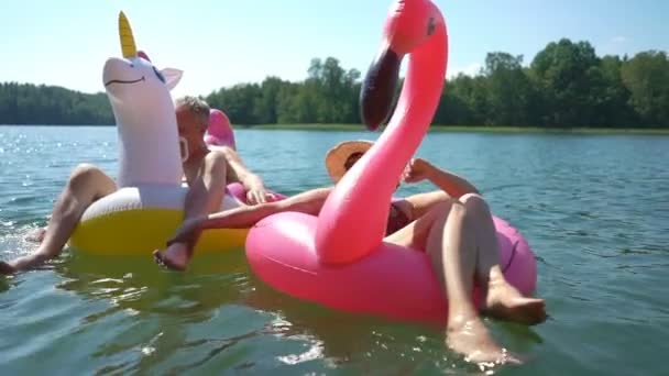 Elderly couple floating on inflatable flamingo and unicorn. — Stock Video