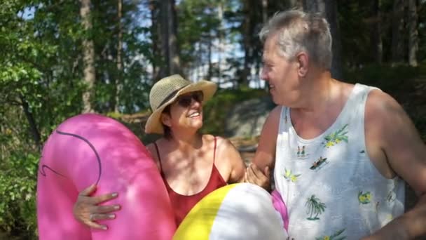 Vicces aktív nyugdíjasok élvezik a nyári vakációt Észak-Európa tengerpartján — Stock videók