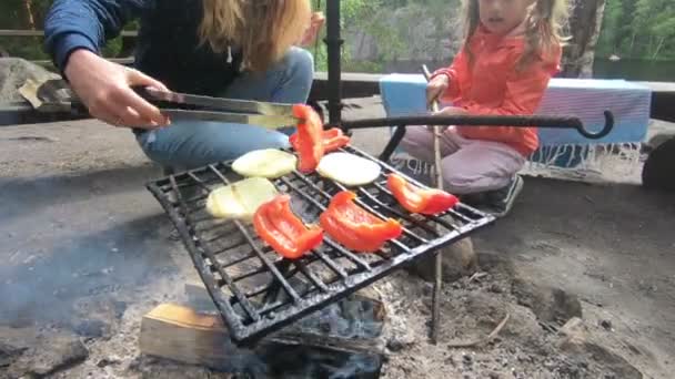 Jeune mère et fille en train de griller dans la forêt au bord du lac — Video