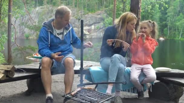 Ein Paar mit Kind grillt im Wald am Ufer des Sees — Stockvideo