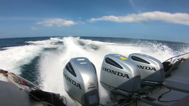 Три мощных лодочных мотора на высокоскоростной яхте удовольствия в действии — стоковое видео