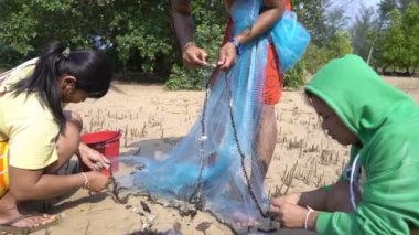 Gençler balık ağından küçük balıkları çıkarıyorlar..