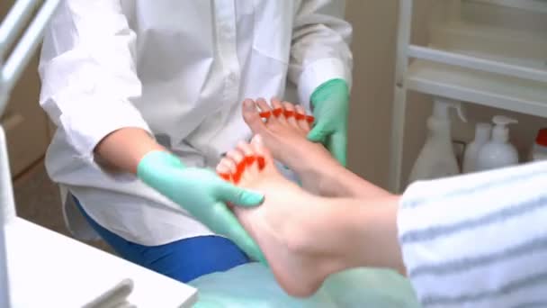 En pedikurist lacker en ung kvinna tånaglar — Stockvideo