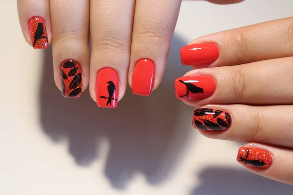 Manicure ontwerp rode nagels met patroon — Stockfoto