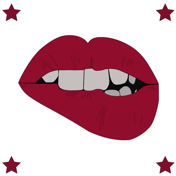 Sexy labios, morder los labios, labios femeninos con lápiz labial rojo — Archivo Imágenes Vectoriales