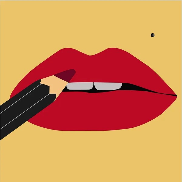 Pencil lipstick paints beautiful red lips. — 스톡 벡터