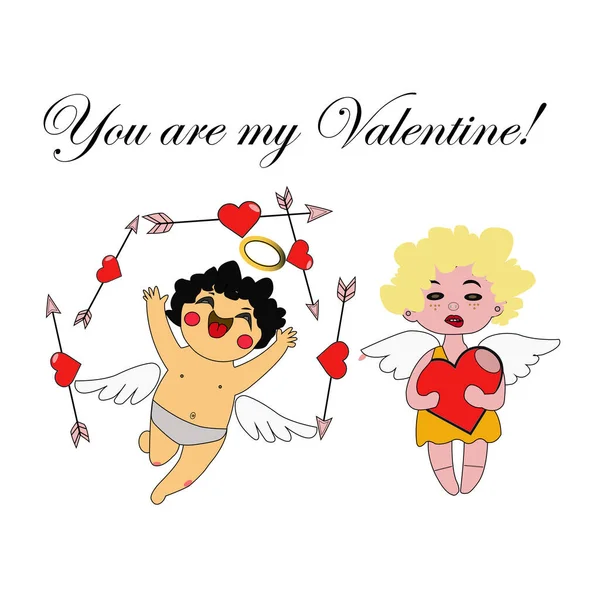 Cute funny cupid little with bow heart hunters romantic vector pictures. — 스톡 벡터