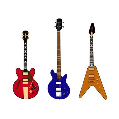 Beyaz arka planda üç farklı gitar enstrümanı