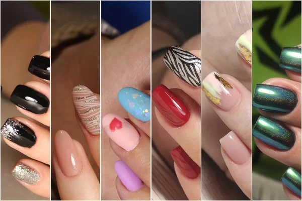 Uma Colagem Manicure Verão Colorido Mão Feminina Com Flores — Fotografia de Stock