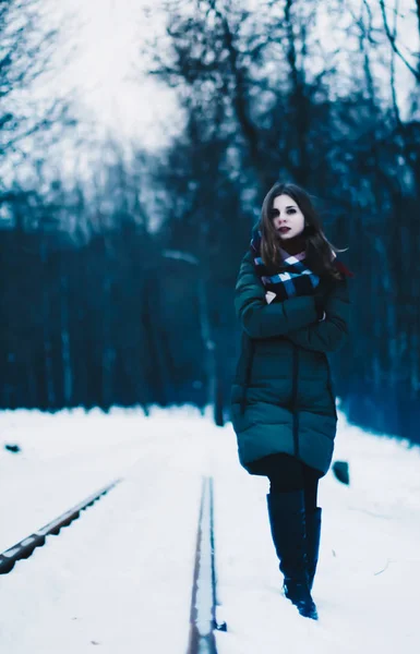 Menina bonita congelada, perdida, aquecendo as mãos do frio — Fotografia de Stock