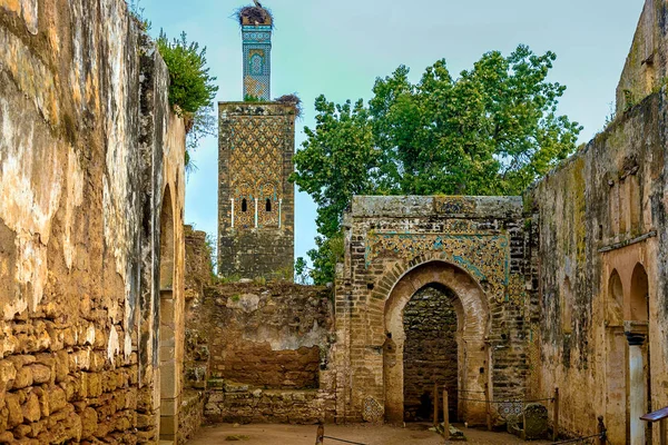 Ruins of the Roman city known as Sala Colonia and the Islamic complex of Chellah, mosque and minaret ruined. — Stock Photo, Image