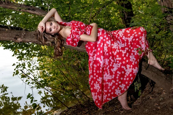 Krásná Mladá Dívka Dokonalou Pletí Dlouhými Vlasy Červených Šatech Leží — Stock fotografie