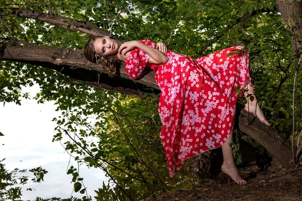 Beautiful Young Girl Perfect Skin Long Hair Red Dress Lies — Stock Photo, Image