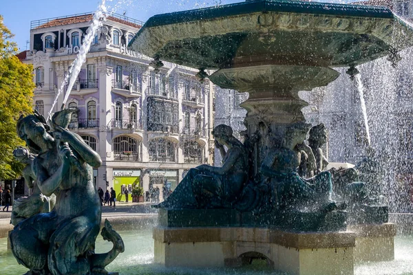 Fuente Plaza Principal Lisboa Portugal Febrero 2018 — Foto de Stock