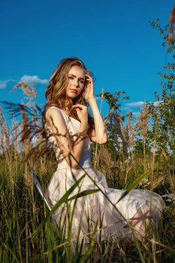 Uzun çimenli bir tarlada oturan, mavi gökyüzü ve bir ağacın arka planında duran sarışın bir genç kızın portresi. Güneşli bir günde gün batımında Yazın altın saatinde