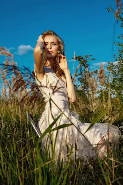 Portret Młodej Blondynki Sukience Która Siedzi Polu Wysoką Trawą Tle — Zdjęcie stockowe