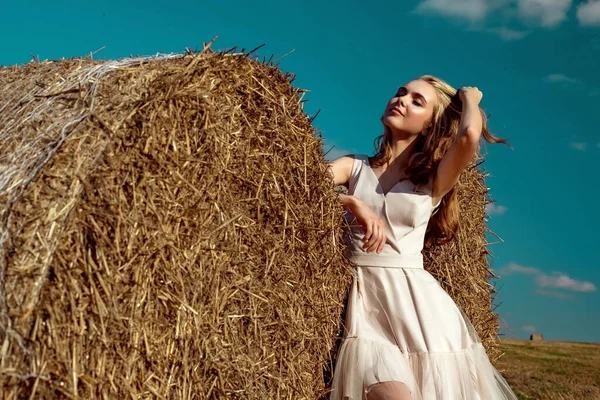 Portret Blondynki Modelki Która Stoi Pozuje Słoneczny Dzień Tle Stogów — Zdjęcie stockowe