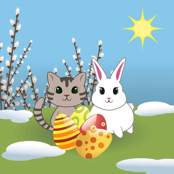 Cute cat and bunny with easter eggs — Stock Vector