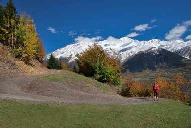 Sırt çantalı bir kız dağlarda.