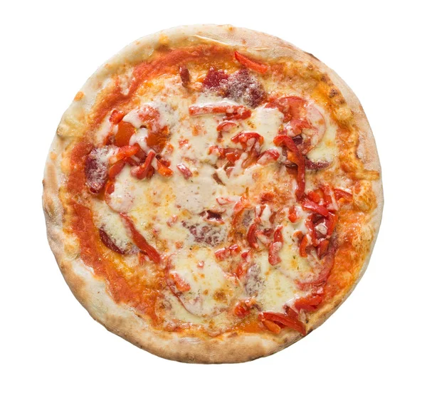 Pizza Com Queijo Tomate Pimenta Vermelha Isolada Sobre Fundo Branco — Fotografia de Stock