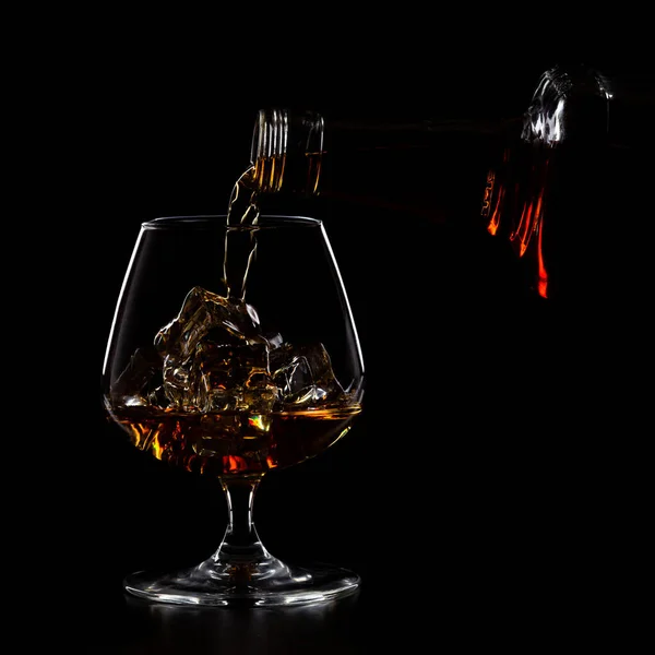 Pouring Whiskey Drink Glass Ice Cubes — Stock Photo, Image