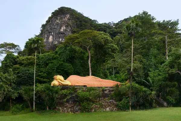 Sacred reclining Buddha statue in jungle forest. Krabi province, — Stock Photo, Image