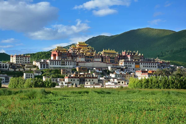 Gyönyörű kilátás nyílik a Ganden Sumtseling tibeti templom Zhongdian, Kína. — Stock Fotó