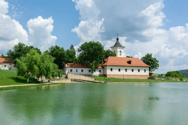 Lake in front of the entrance to Capriana Monastery, Republic of Moldova Stock Image