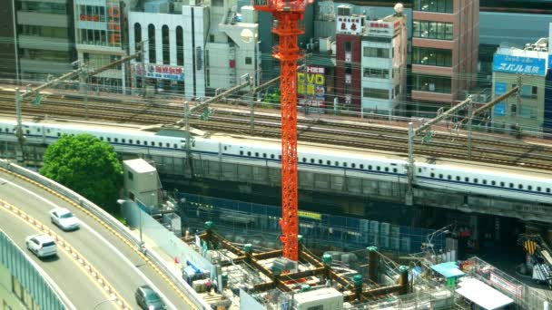 Tokyo-Havacılık şehri manzaralı, yanından geçen trenler. Ginza. 4K çözünürlüğü. — Stok video