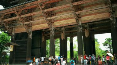 Nara - Turist ve Sika geyikleri Todai-ji Tapınağının giriş kapısında.